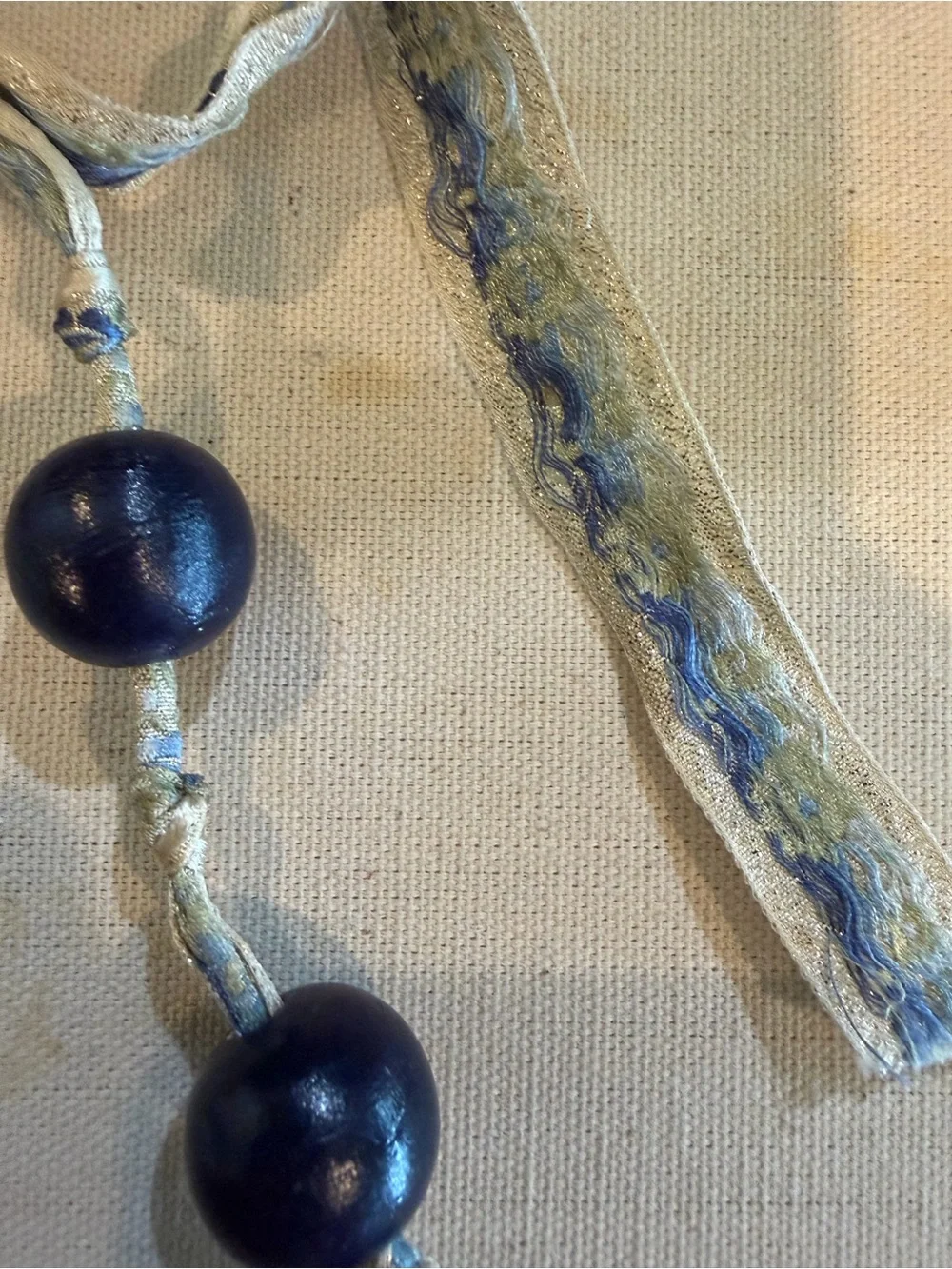 Handcrafted Navy Bead Tie Necklace with Ribbon